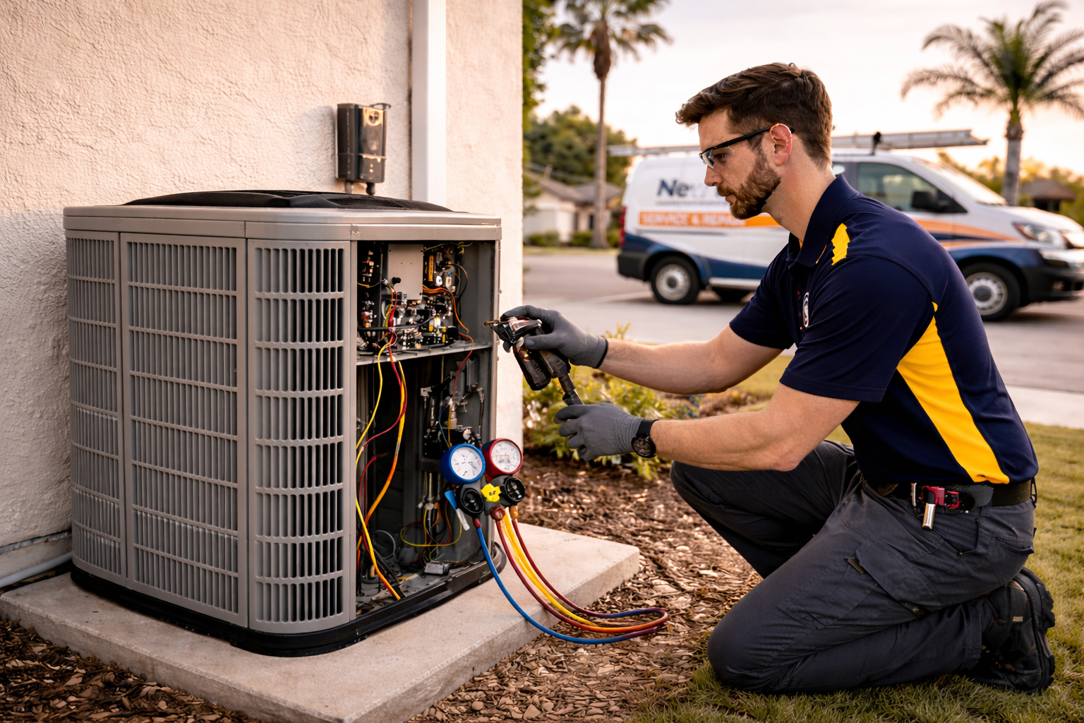 Technician performing HVAC tune-up on a residential system in Bakersfield