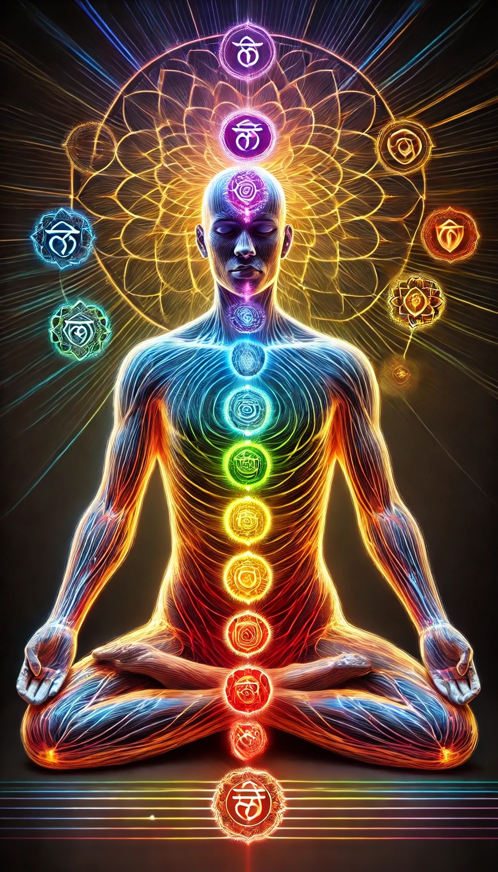 visualization of chakra alignment, with each chakra represented by its corresponding vibrant color and symbol.