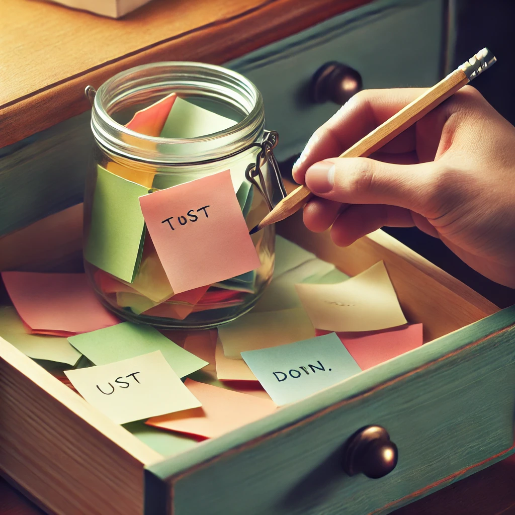 Handwritten sticky notes being placed into a jar, representing simple journaling for self-awareness Handwritten sticky notes being placed into a jar, representing simple journaling for self-awareness