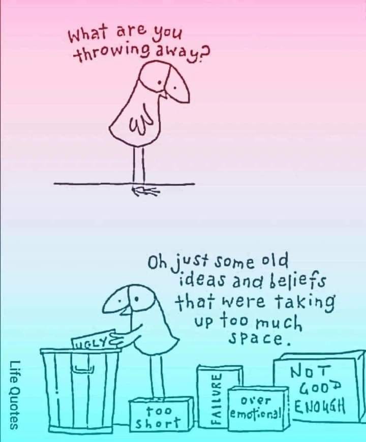 A simple cartoon illustration of two birds having a conversation. The first bird asks, 'What are you throwing away?' The second bird responds, 'Oh, just some old ideas and beliefs that were taking up too much space.' Below, the second bird is shown placing boxes labeled 'Ugly,' 'Too short,' 'Failure,' 'Over emotional,' and 'Not good enough' into a trash bin. The background has a soft gradient of pink and blue, and the scene emphasizes the theme of letting go of self-limiting beliefs.