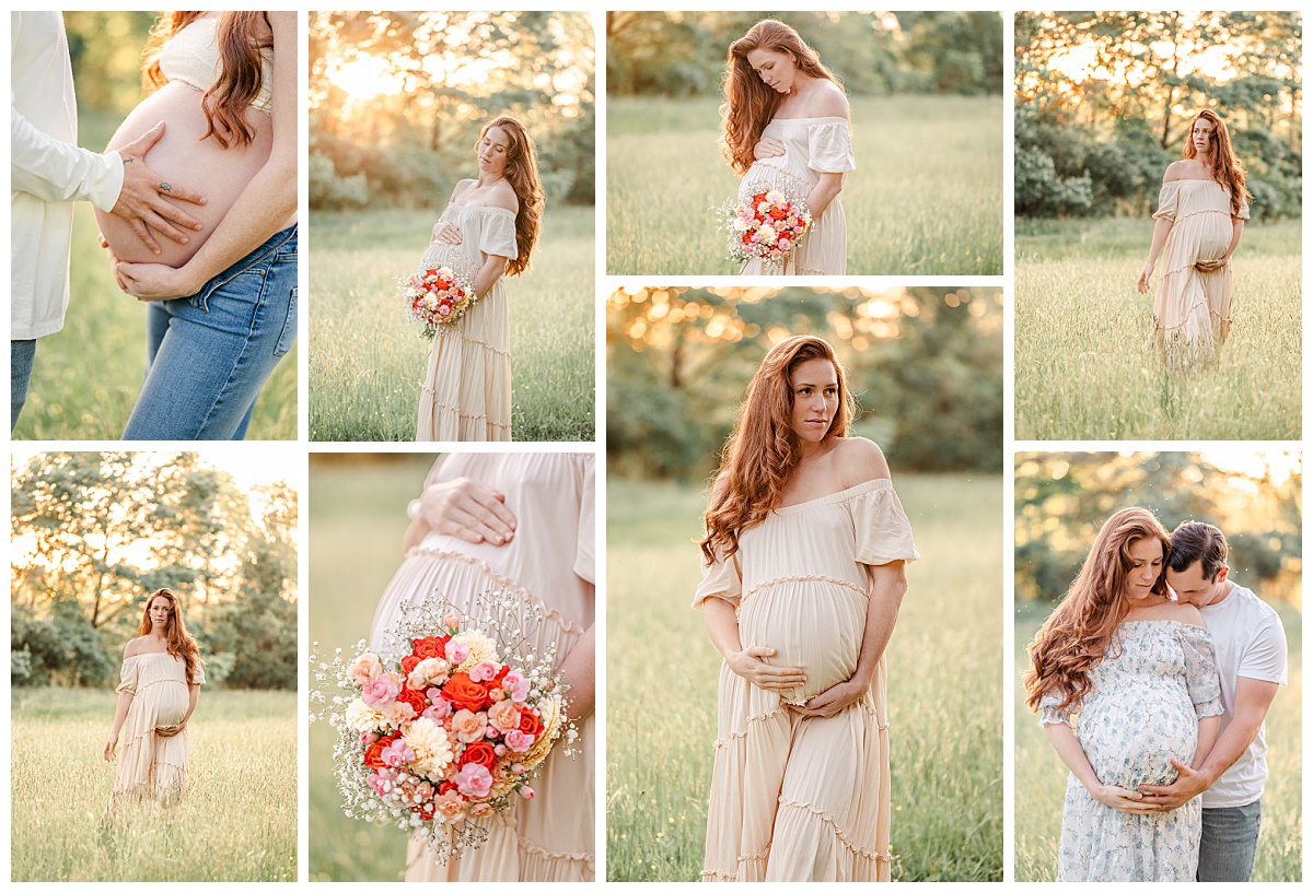 A collection of images of a mama-to-be. She has a nice round bump in her third trimester, the ideal time to schedule maternity photos.