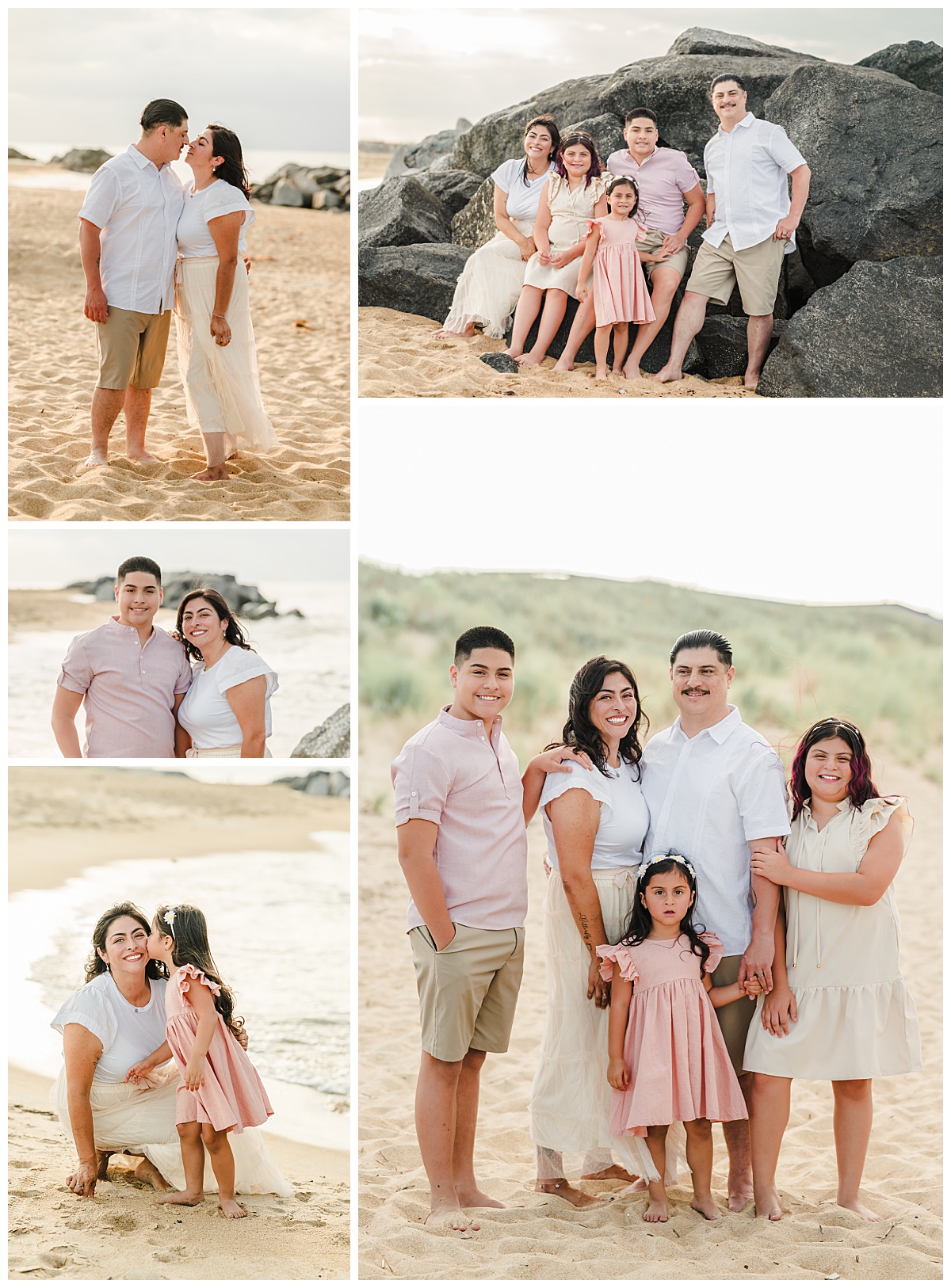 A beach family photo collage at Fort Story, showing a family of five smiling, playing, and cuddling on the sand and rocks during sunset, with soft tones, coastal scenery, and warm, natural light throughout the session. A beach family photo collage at Fort Story, showing a family of five smiling, playing, and cuddling on the sand and rocks during sunset, with soft tones, coastal scenery, and warm, natural light throughout the session.