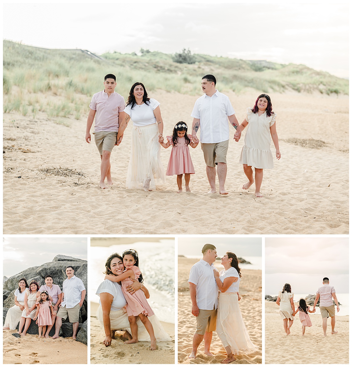 Collage of family photos taken at Fort Story Beach, featuring candid moments, barefoot walking on the sand, soft golden-hour light, rocky backdrops, and joyful interactions between parents and children in light, neutral-toned outfits. Collage of family photos taken at Fort Story Beach, featuring candid moments, barefoot walking on the sand, soft golden-hour light, rocky backdrops, and joyful interactions between parents and children in light, neutral-toned outfits.