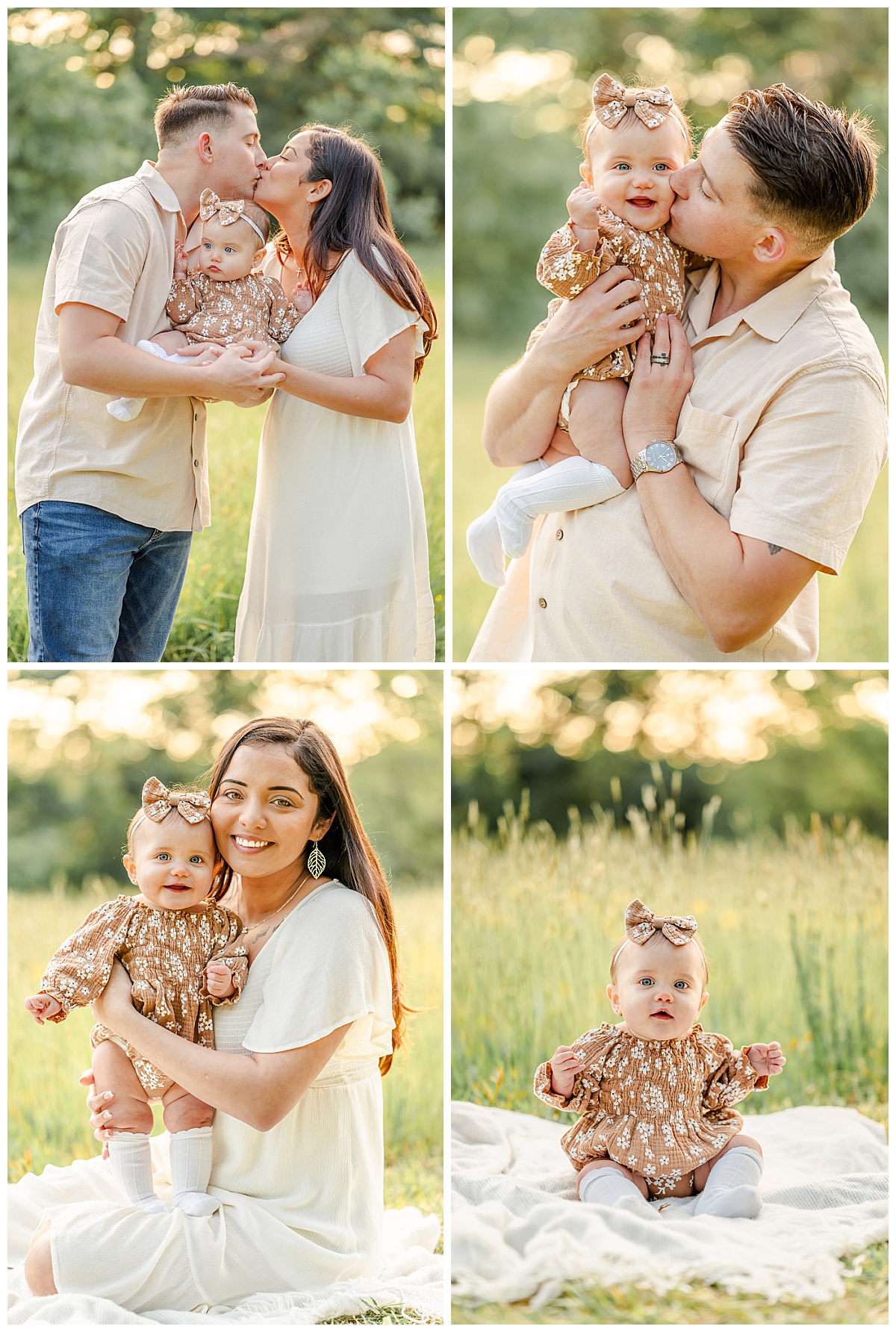 A collage of a family of three at a family photo session. They are wearing neutral outfits. Mom is dressed in a white dress. Dad has on a white, button down, short sleeved shirt. Baby girl is wearing a brown floral romper with matching bow. A collage of a family of three at a family photo session. They are wearing neutral outfits. Mom is dressed in a white dress. Dad has on a white, button down, short sleeved shirt. Baby girl is wearing a brown floral romper with matching bow.