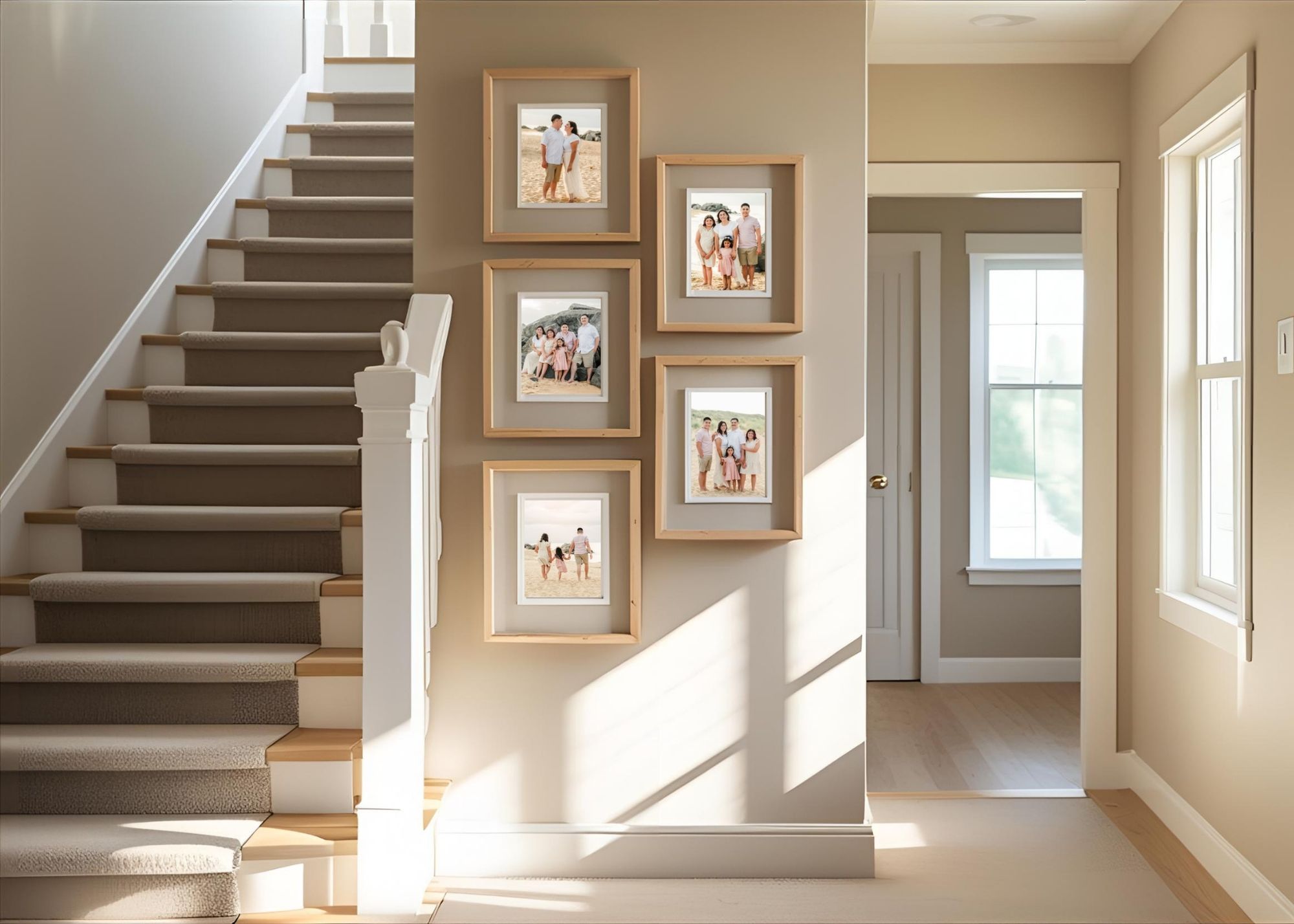 A gallery of family photos hangs on a wall next to a staircase. A gallery of smaller images is a great way to fill up small spaces while still enjoying your favorite images. A gallery of family photos hangs on a wall next to a staircase. A gallery of smaller images is a great way to fill up small spaces while still enjoying your favorite images.