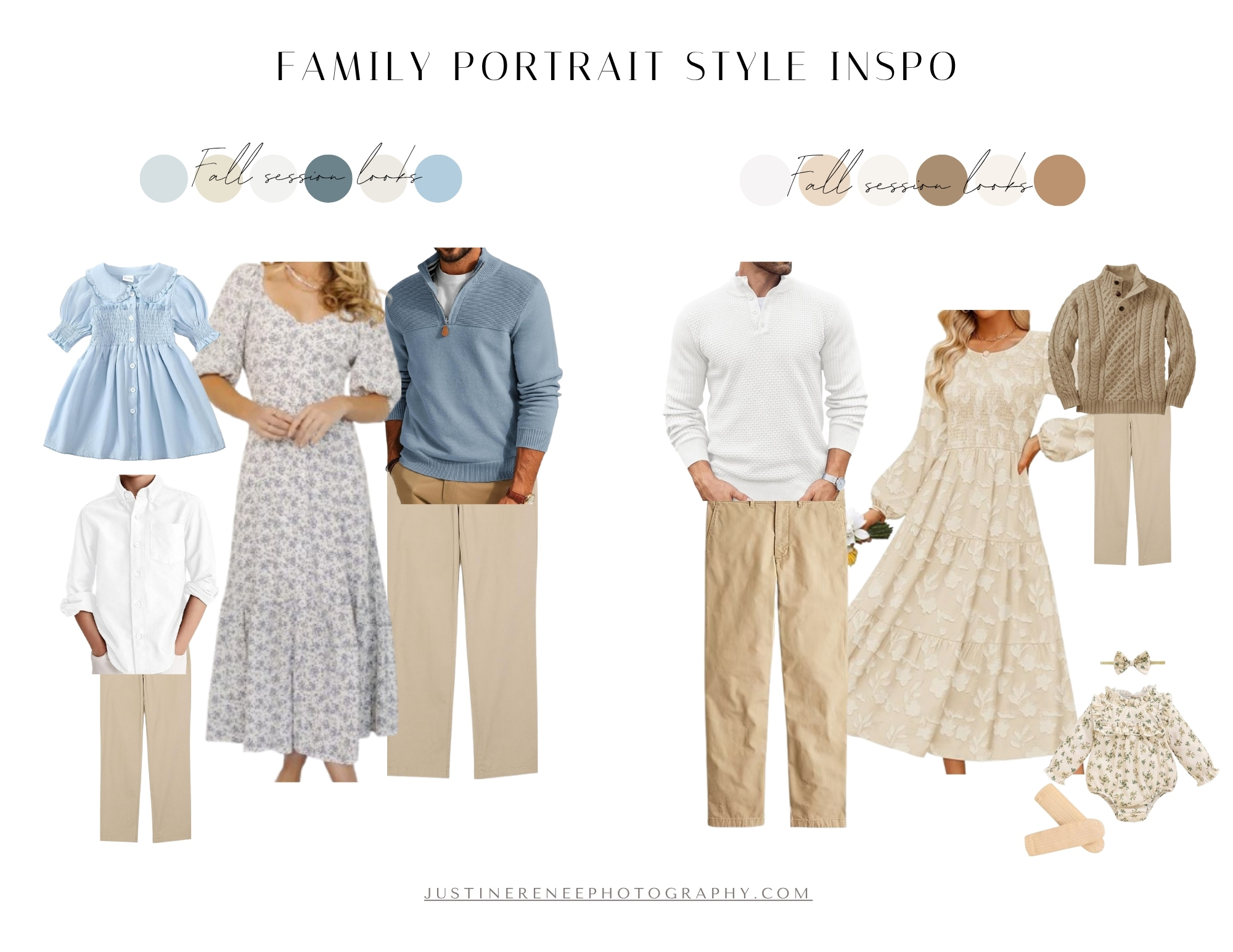 A collage of outfit ideas for Chesapeake Fall family mini sessions. One collage has outfits in a blue color palette and the other is outfits in neutrals. A collage of outfit ideas for Chesapeake Fall family mini sessions. One collage has outfits in a blue color palette and the other is outfits in neutrals.