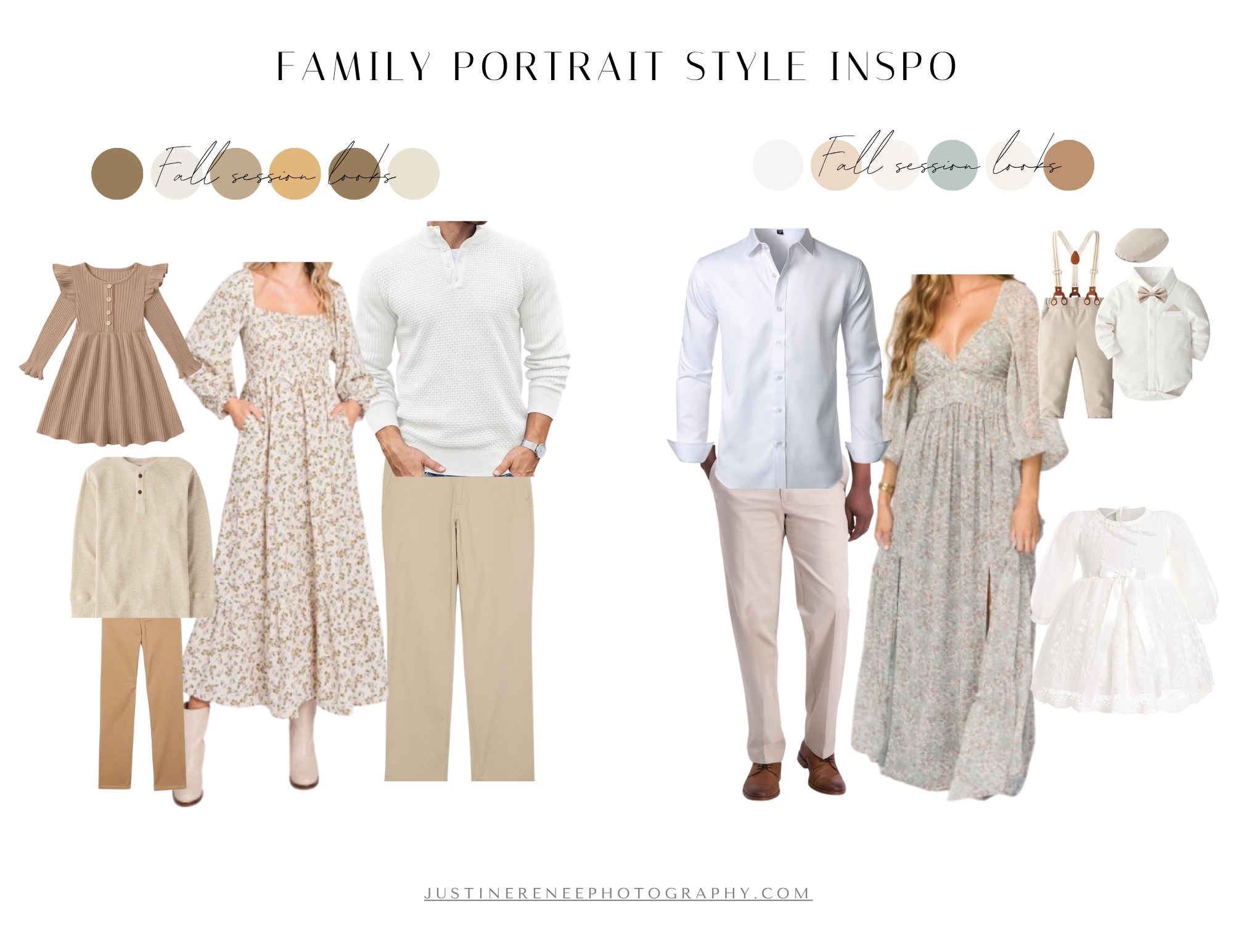 An image that has two collages of ideas for fall family outfits. One collage has outfits in brown tones. One collage has images of dressier options. Both options would be great for Chesapeake Fall Family Minis. An image that has two collages of ideas for fall family outfits. One collage has outfits in brown tones. One collage has images of dressier options. Both options would be great for Chesapeake Fall Family Minis.