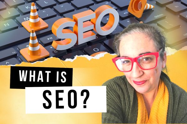 What Is SEO? with a picture of Carolyn Choate wearing her red glasses