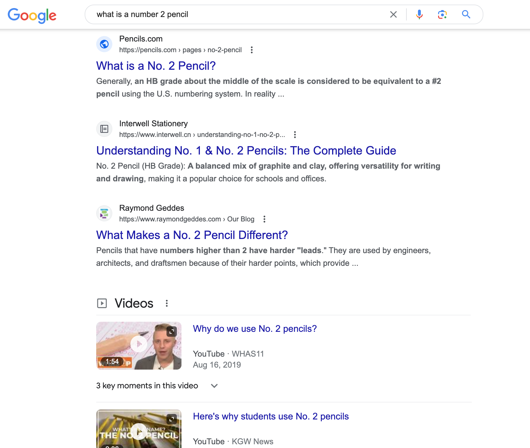 SERP page for keyword phrase "what is a number 2 pencil?" on Google