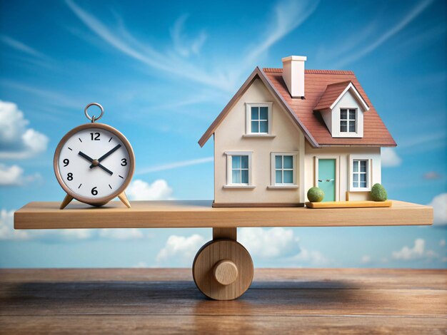 House balanced on seesaw next to clock, illustrating mortgage payoff pressure and time vs equity.