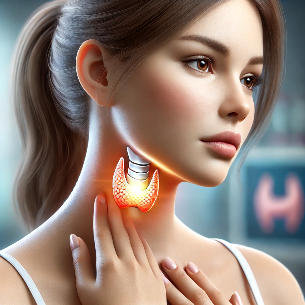 A photorealistic image of a woman gently touching her neck