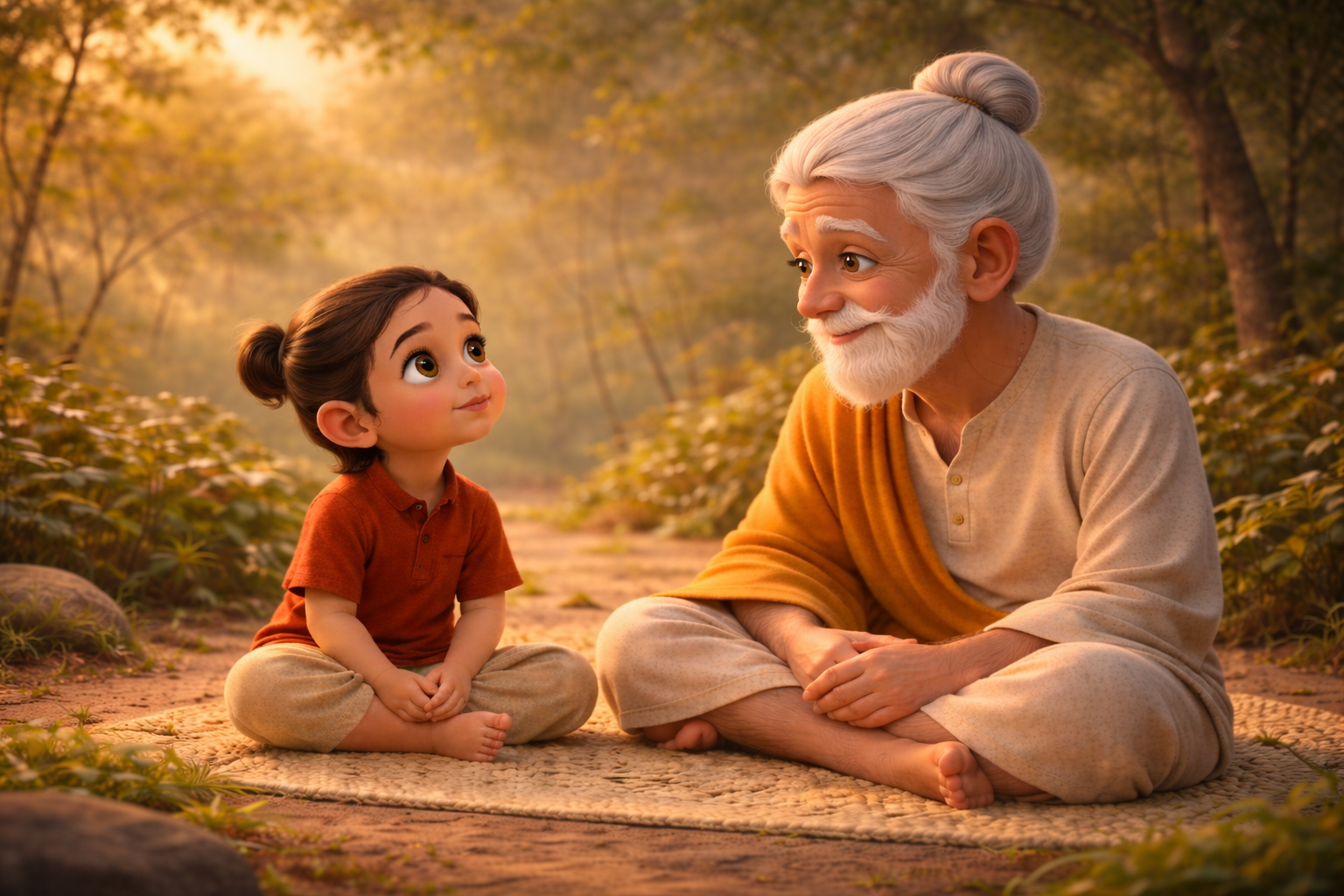 Elderly sage and young child sitting together in a sunlit forest, sharing a calm moment of wisdom, learning, and connection with nature. Elderly sage and young child sitting together in a sunlit forest, sharing a calm moment of wisdom, learning, and connection with nature.