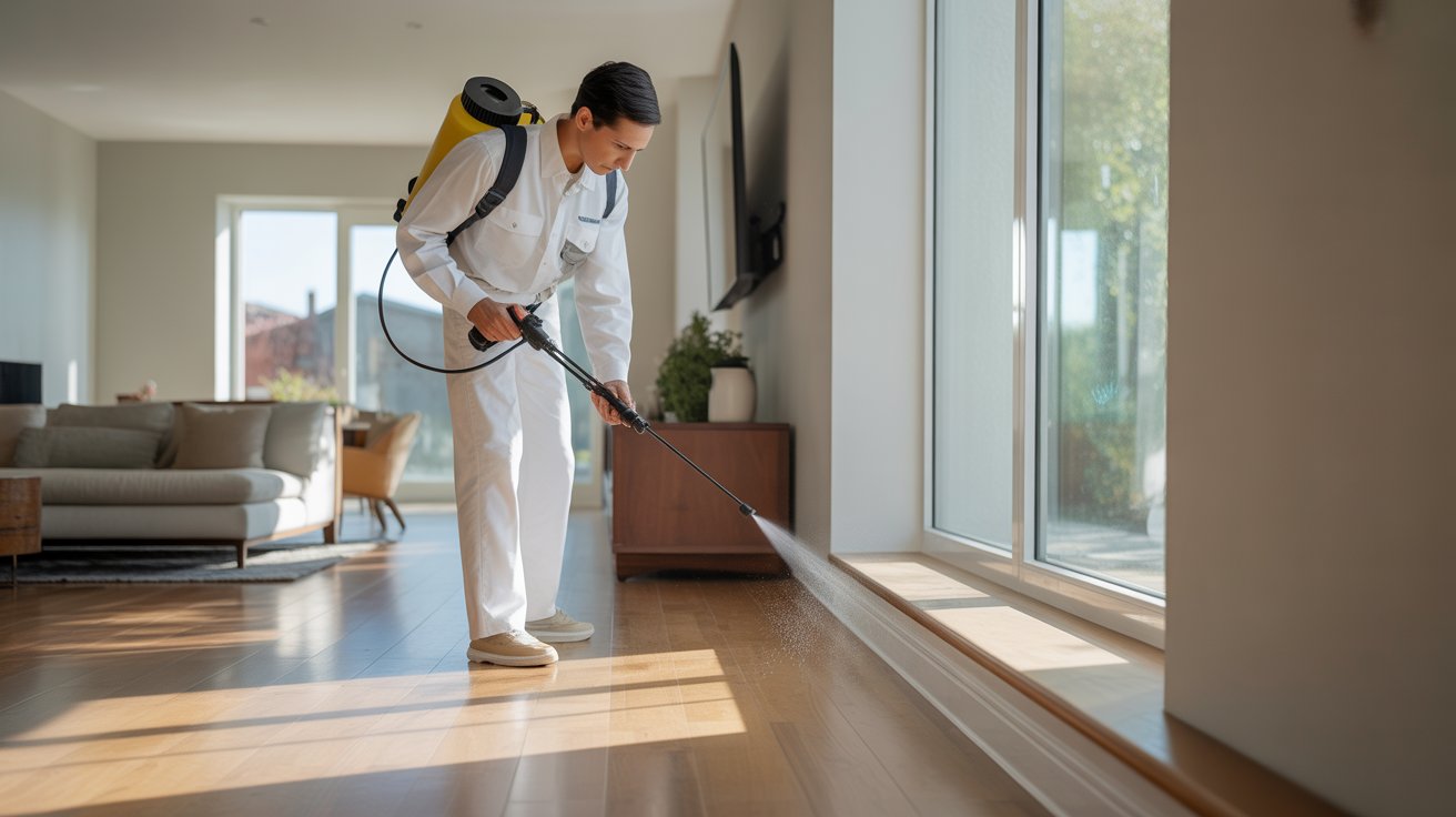 Technician treating kitchen baseboards