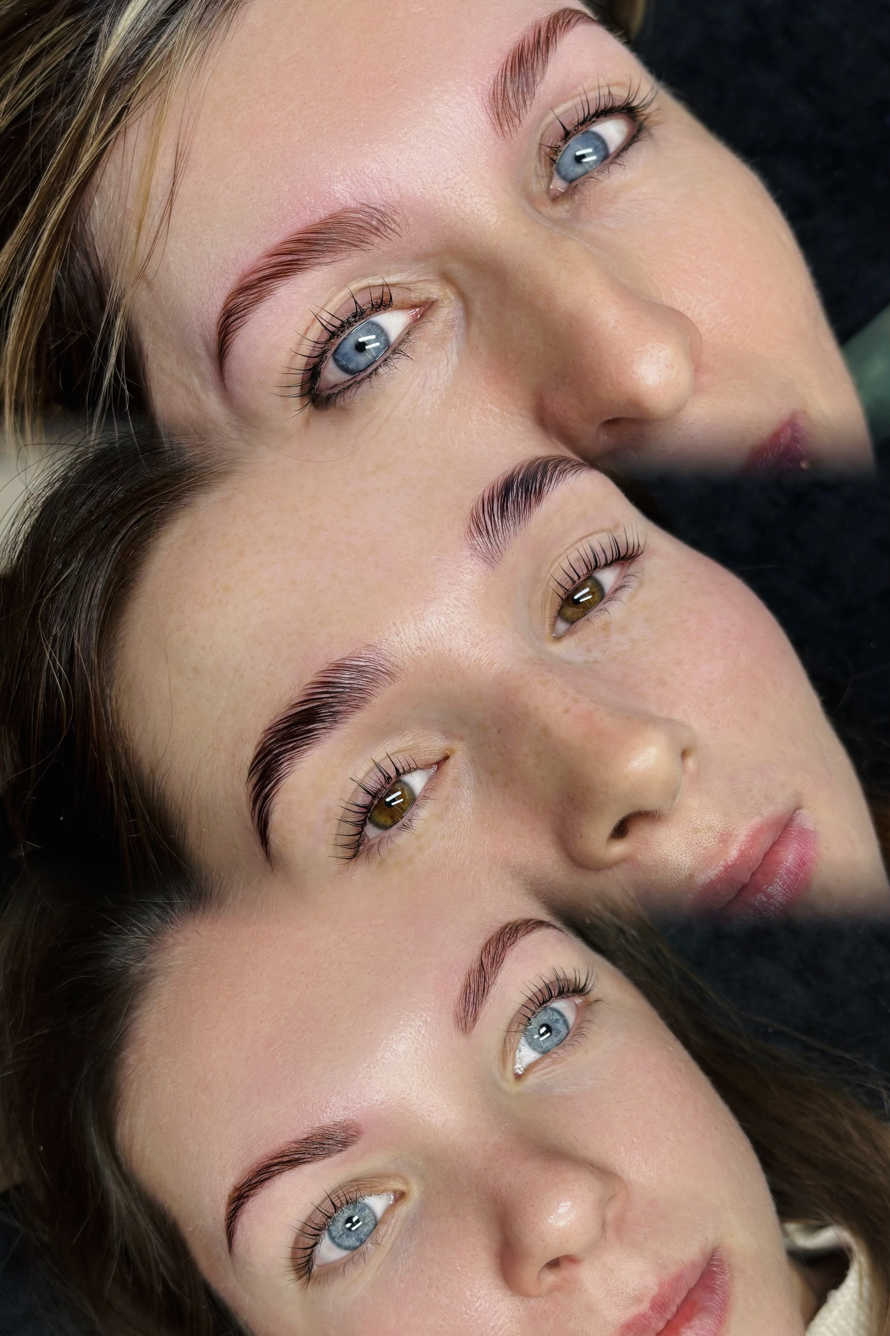 Square close-up of hands holding makeup brushes and lash tools on a clean surface, minimal flat-lay style, soft natural light, professional kit displayed to communicate hygiene and quality of tools.