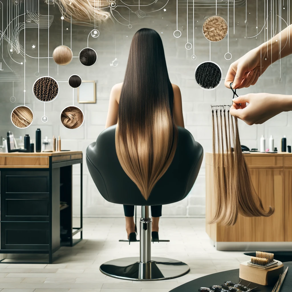 A stylist at a luxurious modern hair salon carefully hand-tying hair extensions on a client, showcasing the detailed process and professional environment of Mistykal Hair Designs.