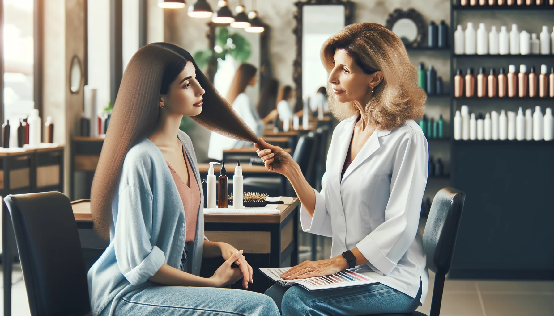 The image depicts a consultation between a hairstylist and a client in a salon. It illustrates a hair analysis, where the stylist checks the client's hair for damage or dryness, and the background features typical salon elements.