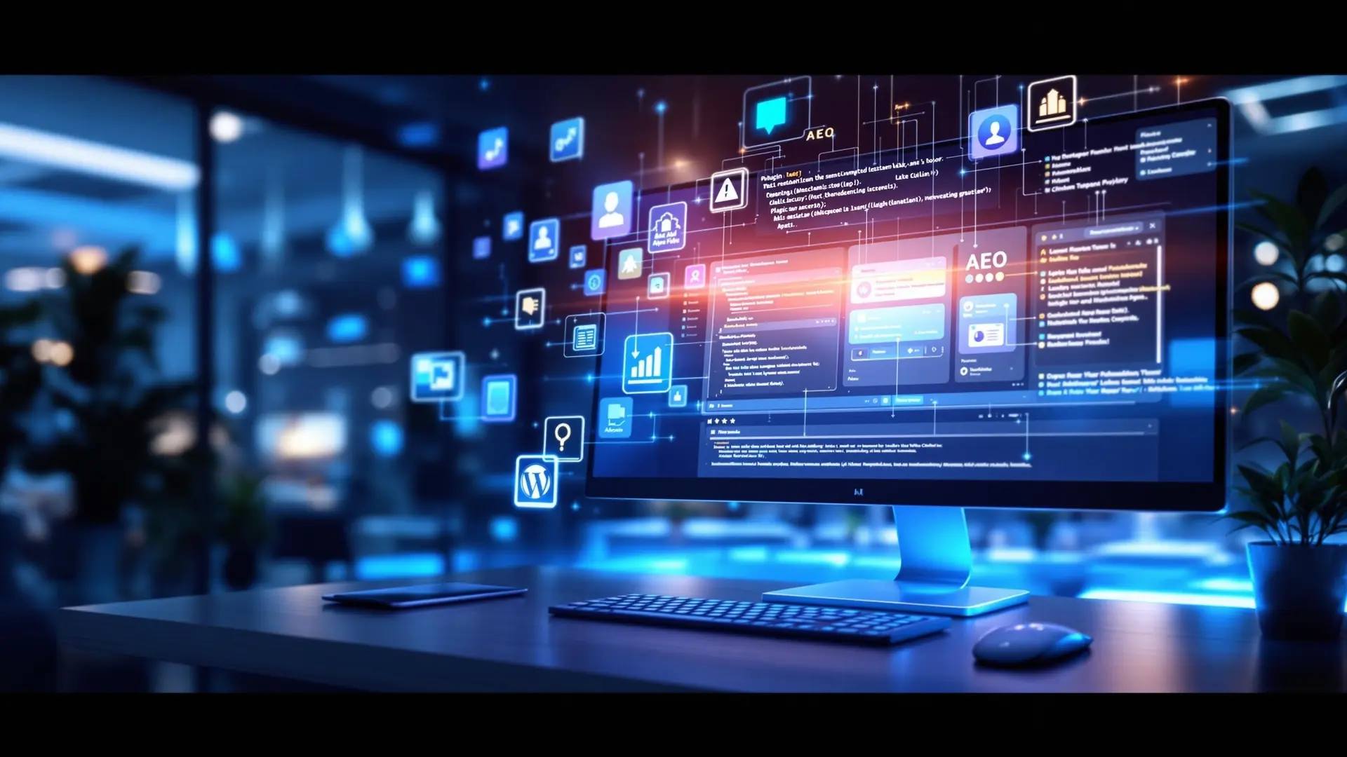 Modern digital workspace with a computer displaying Novalution Content Creation Apps, analytics, and optimization tools in a blue-lit tech office.