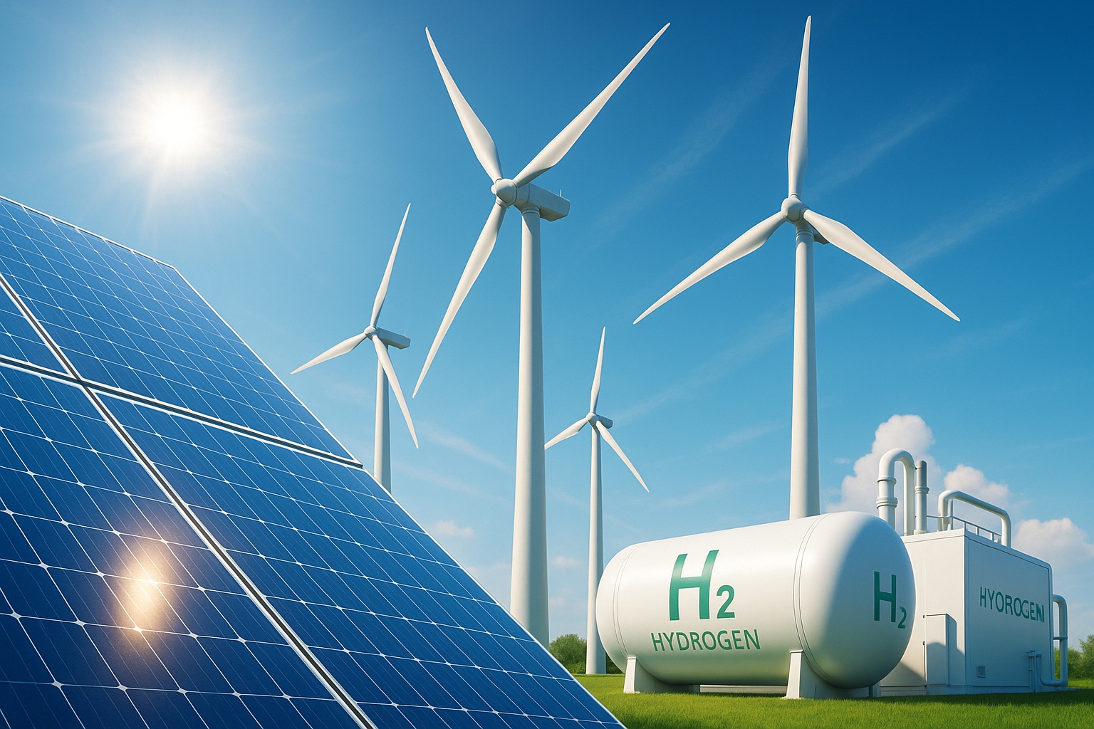 A professional collage showcasing renewable energy technologies including solar panels under bright sunlight, modern wind turbines against a blue sky, and a green hydrogen production facility with clean tech aesthetic. A professional collage showcasing renewable energy technologies including solar panels under bright sunlight, modern wind turbines against a blue sky, and a green hydrogen production facility with clean tech aesthetic.