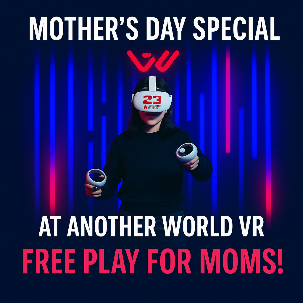 Mom playing at another world VR in a promotion for mother's day Mom playing at another world VR in a promotion for mother's day