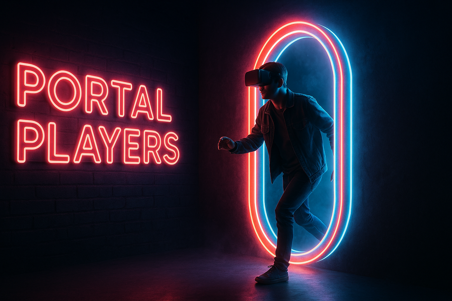 Create a cinematic realistic banner for the top of a blog post for Portal Players. Include neon lights and a person wearing a VR headset stepping through a portal. Create a cinematic realistic banner for the top of a blog post for Portal Players. Include neon lights and a person wearing a VR headset stepping through a portal.