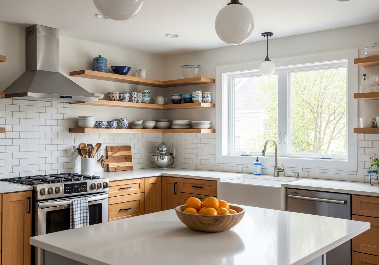 A bright, modern kitchen with no upper cabinets, featuring open wood shelving with neatly arranged dishes, subway tile backsplash, and natural light pouring through a window. Clean countertops, warm tones, and a cozy, uncluttered feel. A bright, modern kitchen with no upper cabinets, featuring open wood shelving with neatly arranged dishes, subway tile backsplash, and natural light pouring through a window. Clean countertops, warm tones, and a cozy, uncluttered feel.