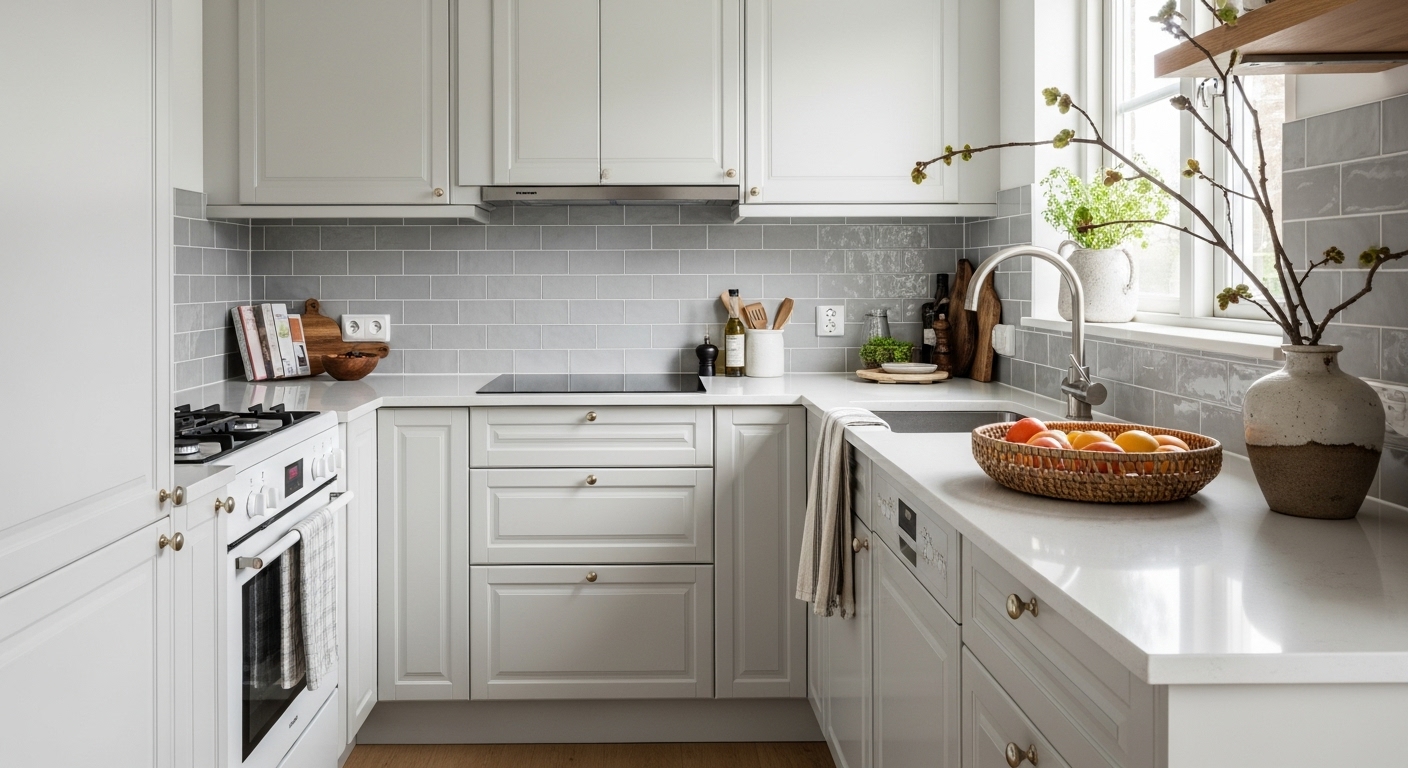 A small kitchen with soft white cabinets, matte light gray backsplash tile, quartz countertops, and a light wood floor. Include textural contrast—maybe a rough ceramic vase, natural linen curtain, or woven basket on the counter. A small kitchen with soft white cabinets, matte light gray backsplash tile, quartz countertops, and a light wood floor. Include textural contrast—maybe a rough ceramic vase, natural linen curtain, or woven basket on the counter.