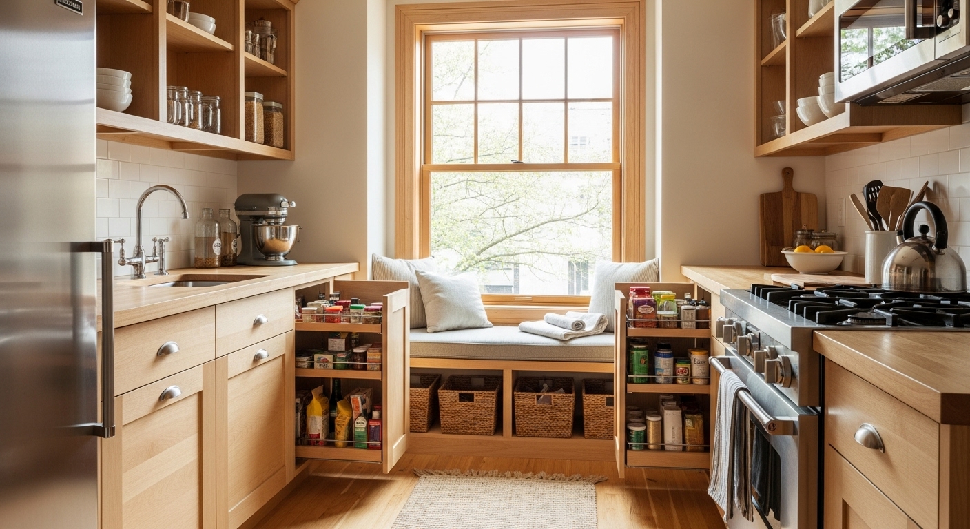 A compact kitchen with custom built-in shelving and hidden storage. Show toe-kick drawers, a bench with built-in storage under a window, and clever pantry inserts. Soft lighting, real materials, and smart space-saving details. A compact kitchen with custom built-in shelving and hidden storage. Show toe-kick drawers, a bench with built-in storage under a window, and clever pantry inserts. Soft lighting, real materials, and smart space-saving details.