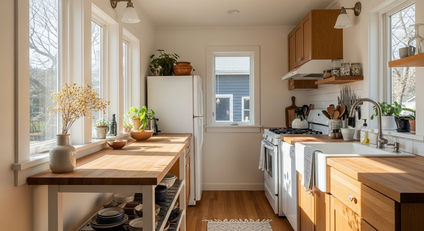 A small kitchen with a narrow butcher block island or rolling prep table instead of a bulky island. The kitchen is warm and inviting, with space to move around, and minimal clutter. Include natural finishes and cozy lighting. A small kitchen with a narrow butcher block island or rolling prep table instead of a bulky island. The kitchen is warm and inviting, with space to move around, and minimal clutter. Include natural finishes and cozy lighting.