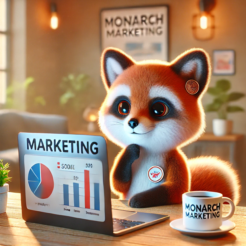 Cute fox sitting at desk in front of his laptop