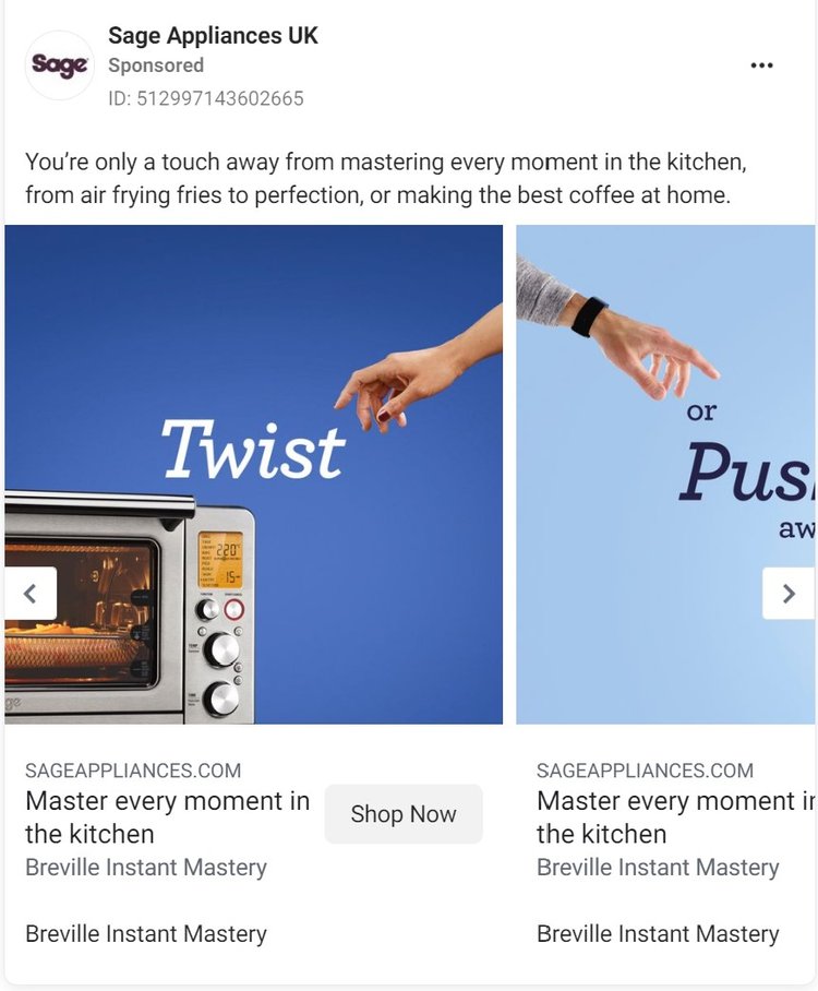 ☕ The dark purple of Sage Appliances is almost non-existant in this beautiful carousel ad!  Attractive colours that stand out, paired with an excellent layout of text and photography really negate the need to plaster the ad in the usual purple.  Great work Sage!
