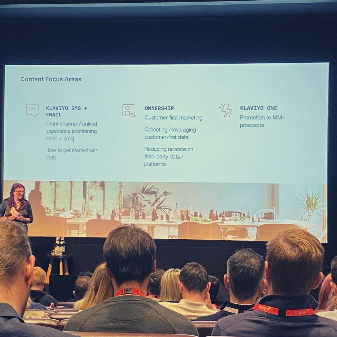 The Playfair Team behind Digital Marketing Pro attended Klaviyo's EMEA Partner Day and came back buzzing...  Klaviyo's EMEA Partner Day was full of insights and inspiration  They were of course keen to showcase their future features and get us all excited, but it was also a day to re-visit why email marketing is so important...  The founder of a fellow agency on-stage quite rightly stated that many tell him 'email is dead', yet he - and we - still see it thriving!  Why?  ☝️First-party data - that's why.  Owning your customer data (as opposed to third-party data based in ad platforms) is so valuable, in a world where privacy is paramount, and tracking is difficult.  Having a user's name and email address means you can talk to them DIRECTLY - you can literally have a conversation - via email.  But email marketing doesn't need to be hands-on, with staff dedicated to typing out emails at a computer! Automation is key. Which is why we love and recommend Klaviyo.  Fuly automated emails in the form of flows and campaigns can be sent whenever someone provides their details. These emails can of course be 'designed up' to look professional and impactful.