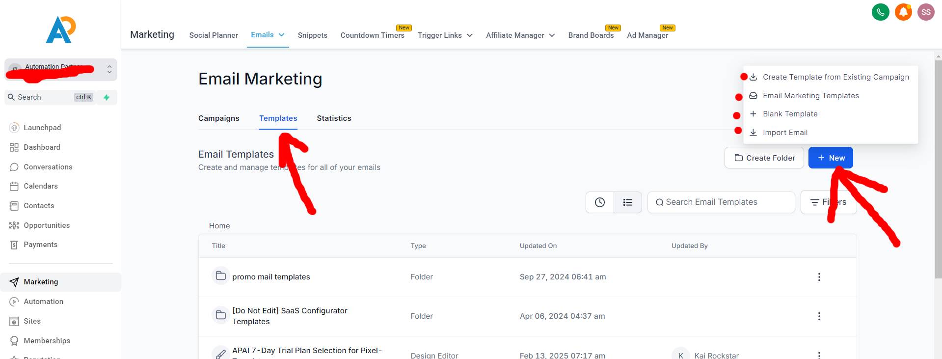 Automation partners ai email dashboard create new email champign Automation partners ai email dashboard create new email champign