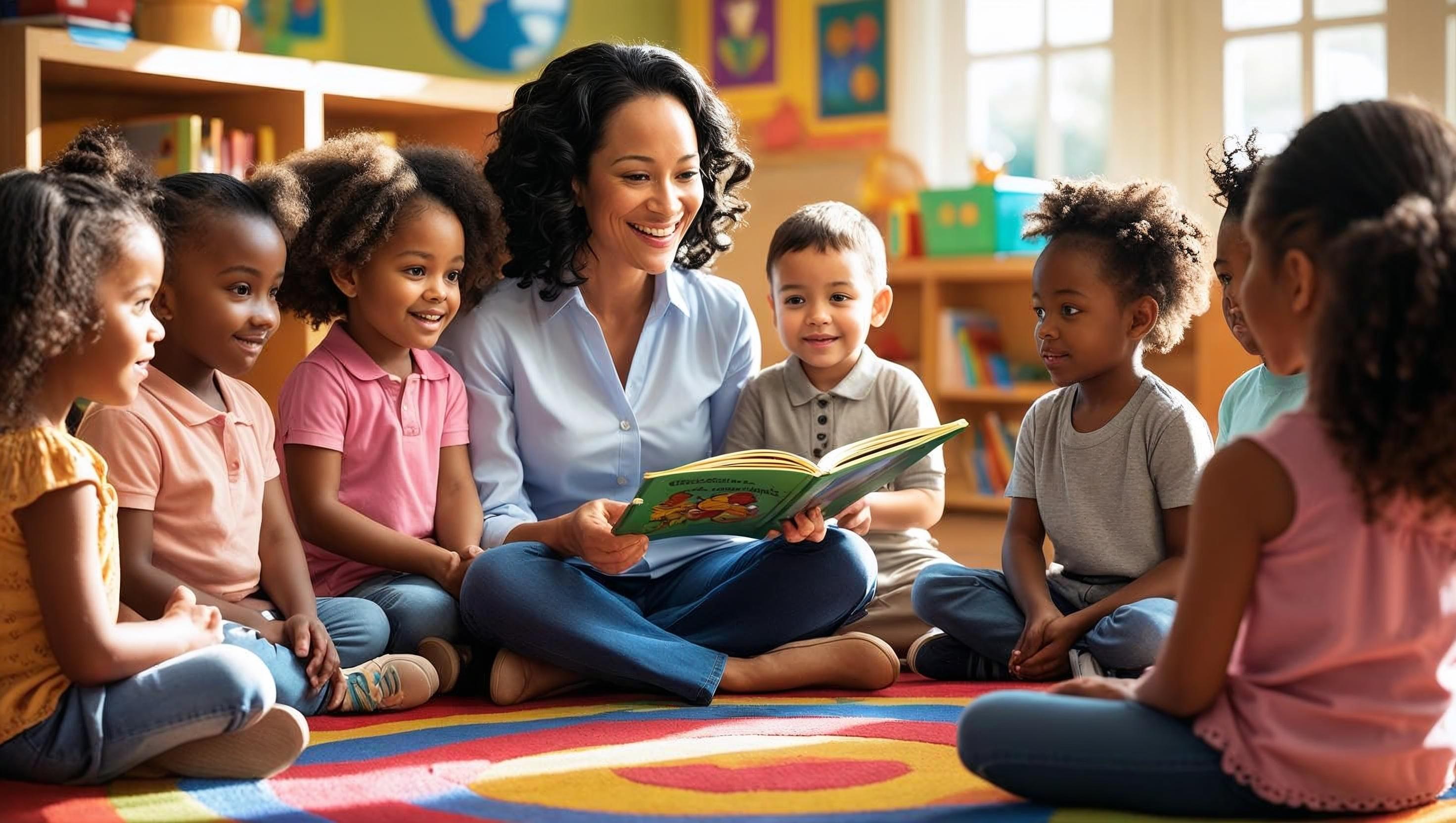 Teacher sitting with children at circle time, reading a book
