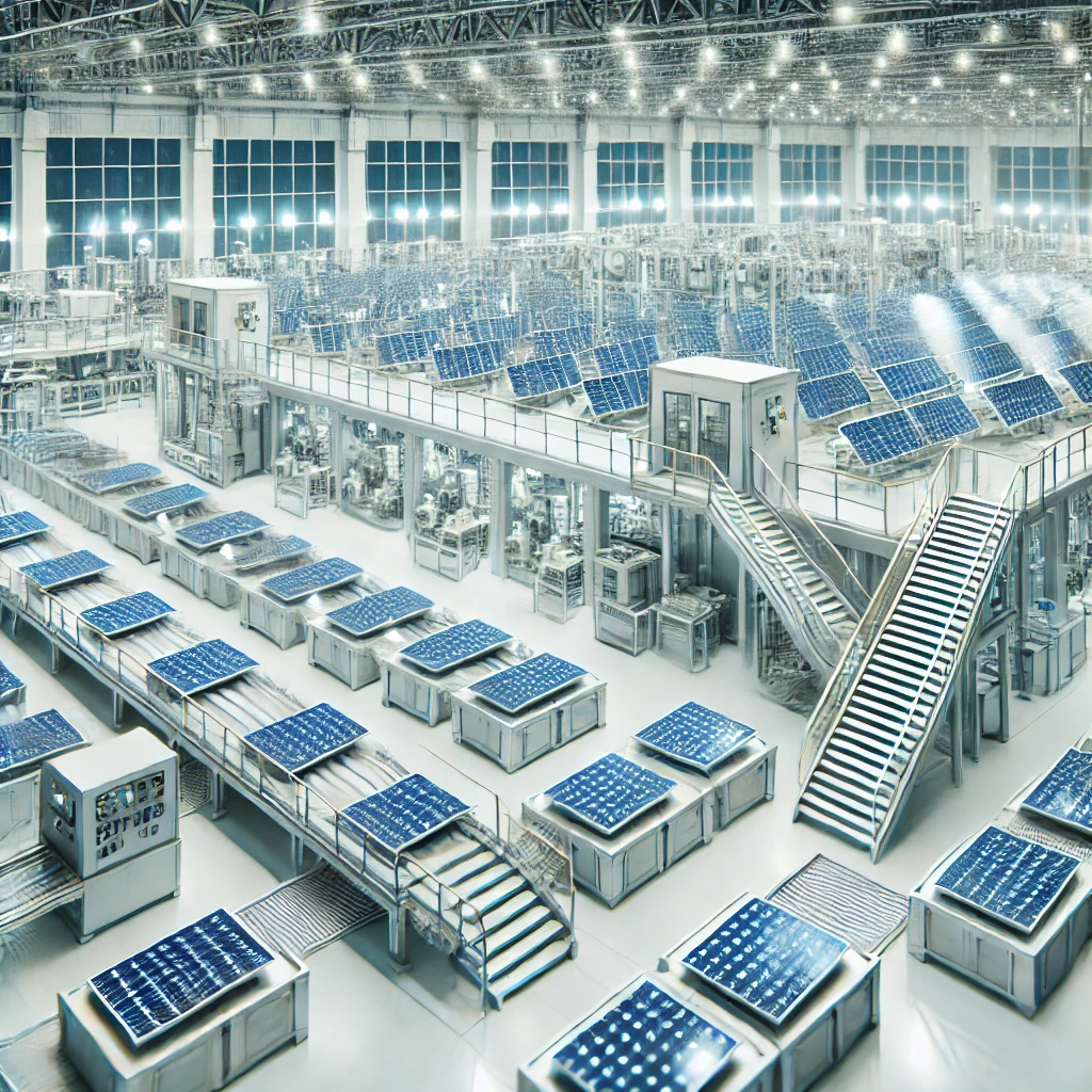 A clean, professional image of a modern solar recycling facility with solar panels being processed by machines. A clean, professional image of a modern solar recycling facility with solar panels being processed by machines.
