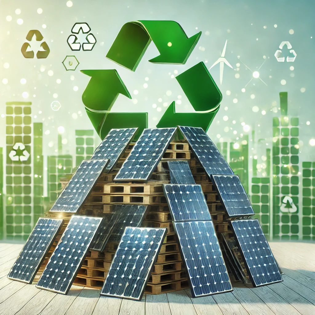 An eco-friendly concept image showing a pile of old solar panels stacked for recycling, with green recycling symbols in the background. An eco-friendly concept image showing a pile of old solar panels stacked for recycling, with green recycling symbols in the background.