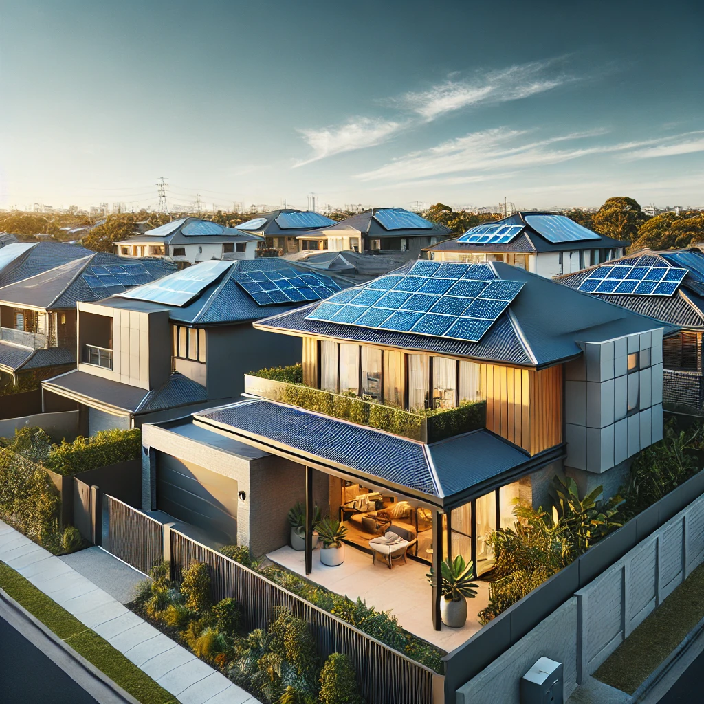 Several homes in a residential estate with solar panels on their roofs Several homes in a residential estate with solar panels on their roofs