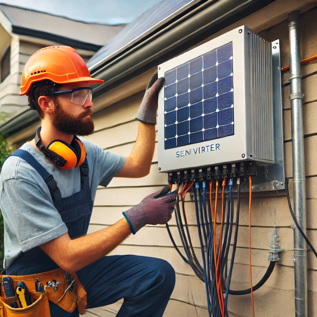 Electrician installing on an inverter on a residential home. Electrician installing on an inverter on a residential home.