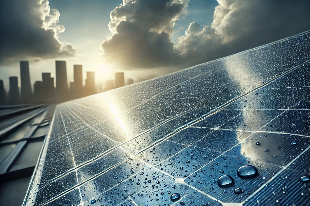 Solar panels with city behind on cloudy day Solar panels with city behind on cloudy day