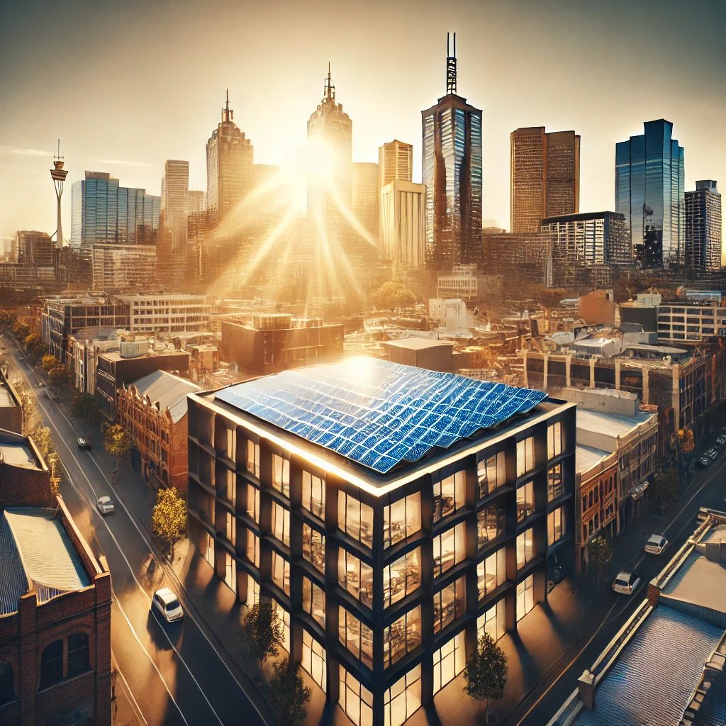 Images of a building in Melbourne with solar panels on the roof and the sun setting in the background Images of a building in Melbourne with solar panels on the roof and the sun setting in the background