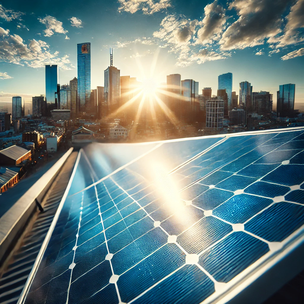 Looking along a row of solar panels on a roof in Melbourne with the sun setting Looking along a row of solar panels on a roof in Melbourne with the sun setting
