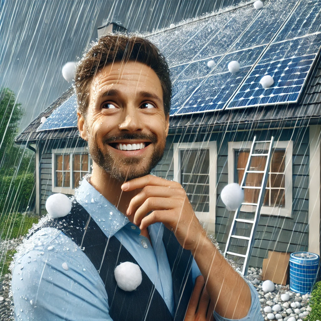 Homeowner confidently smiling while hailstones bounce off durable solar panels. Homeowner confidently smiling while hailstones bounce off durable solar panels.