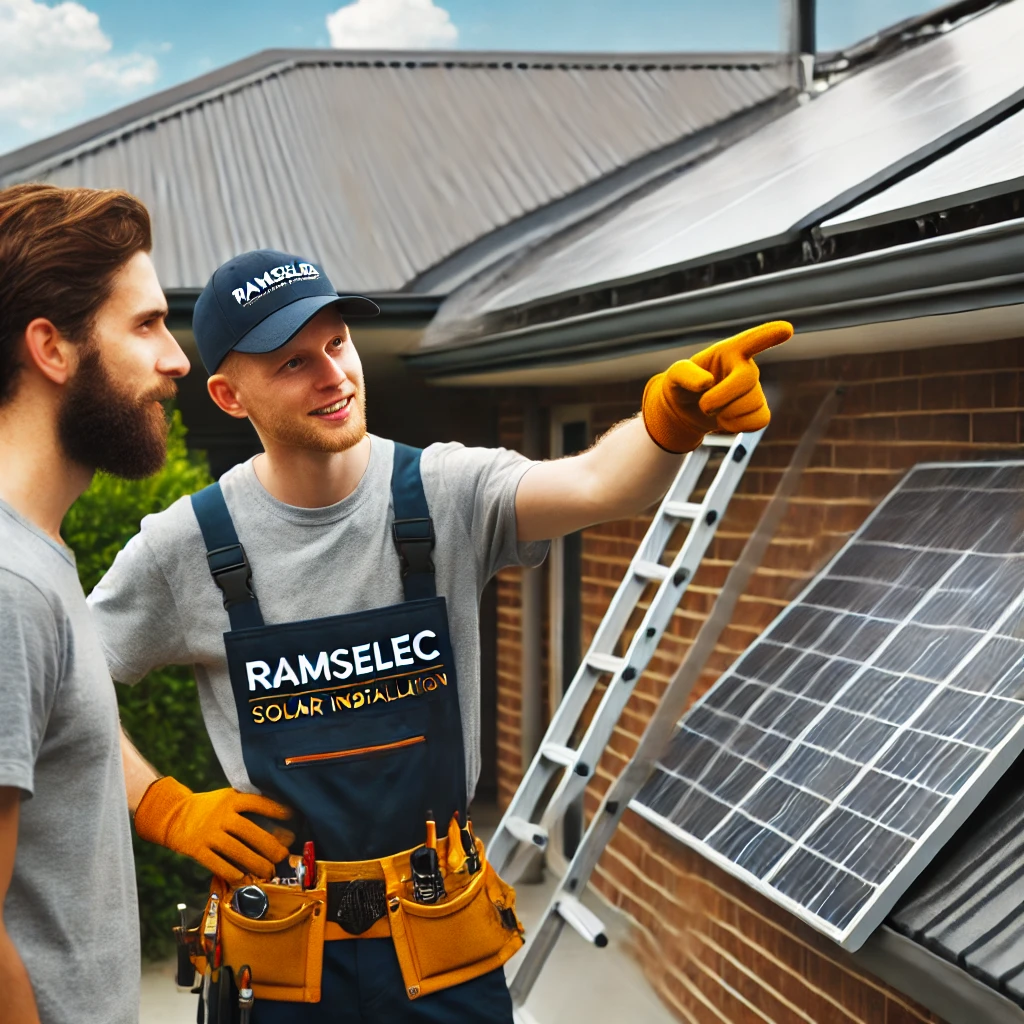 A Ramselec Solar electrician explaining solar panel installation details to a homeowner in Melbourne, with a partially installed system in the background. A Ramselec Solar electrician explaining solar panel installation details to a homeowner in Melbourne, with a partially installed system in the background.