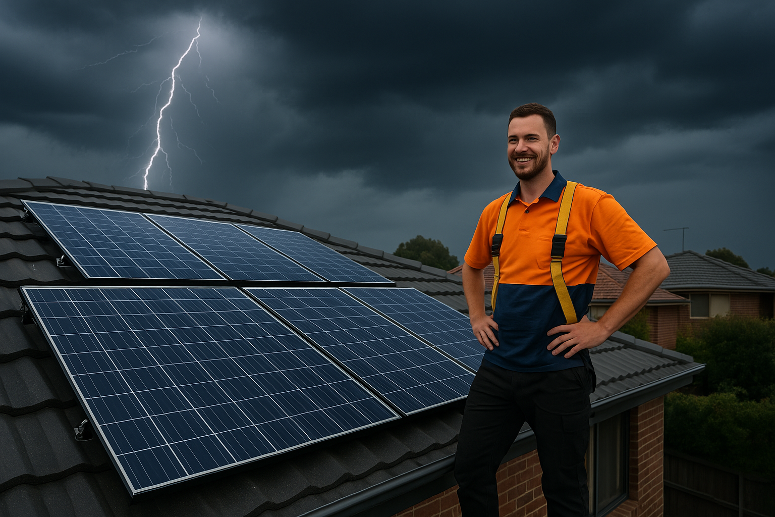 Solar technician on roof with lightning in Melbourne sky. Solar technician on roof with lightning in Melbourne sky.