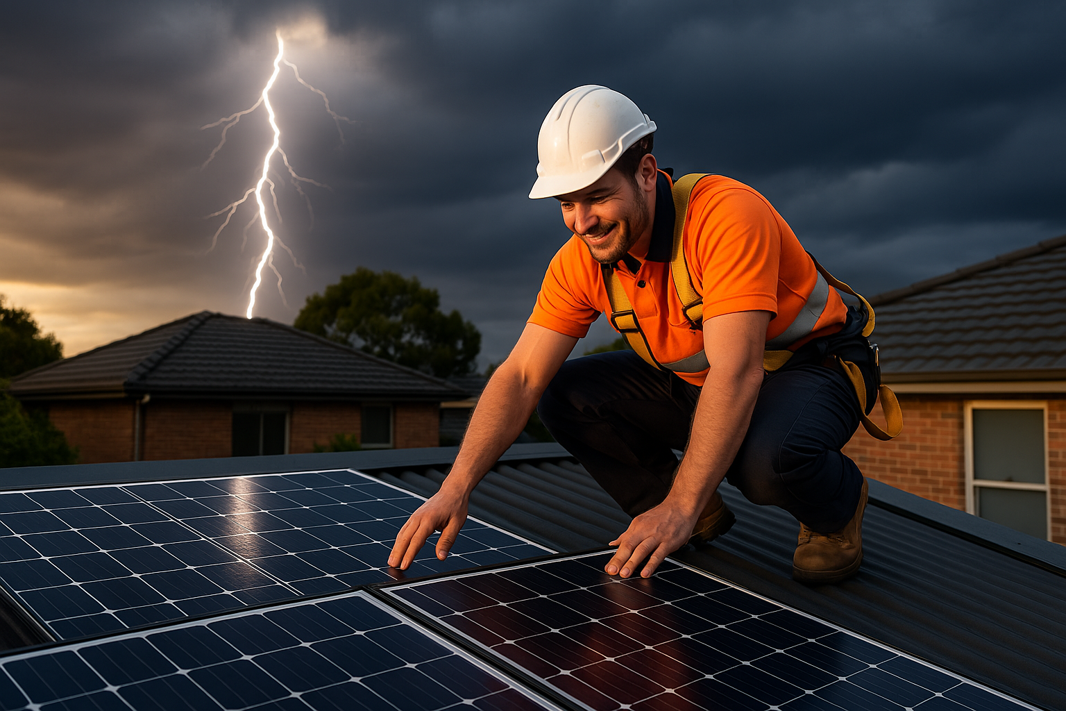 Rooftop solar technician with lightning striking in stormy sky. Rooftop solar technician with lightning striking in stormy sky.