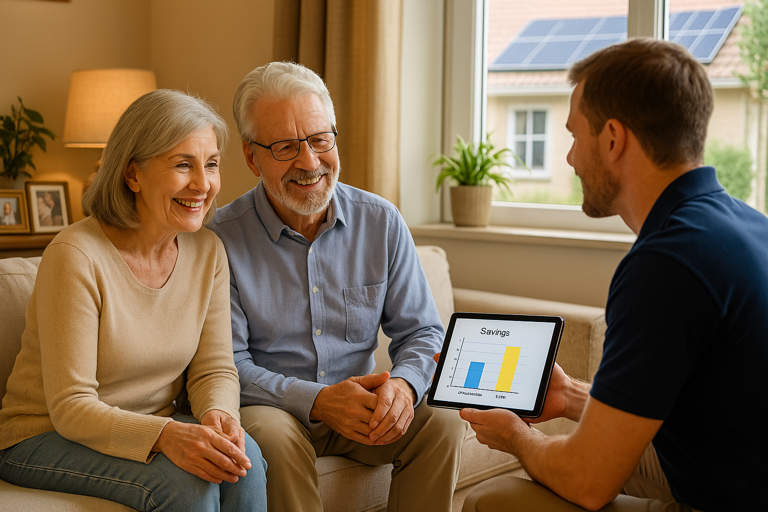 Older couple reviewing solar savings with a consultant in a bright living room. Older couple reviewing solar savings with a consultant in a bright living room.