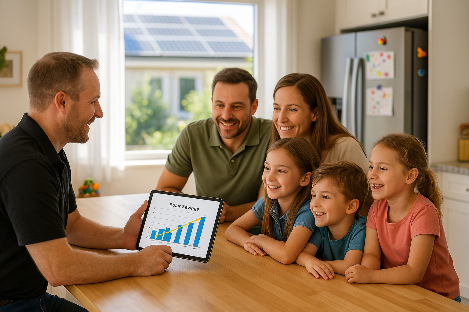 Solar consultant explaining savings to a smiling family of five in their kitchen. Solar consultant explaining savings to a smiling family of five in their kitchen.