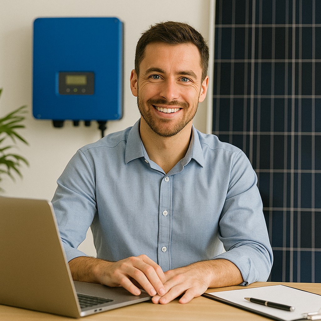 Man at desk with laptop and solar inverter in the background. Man at desk with laptop and solar inverter in the background.