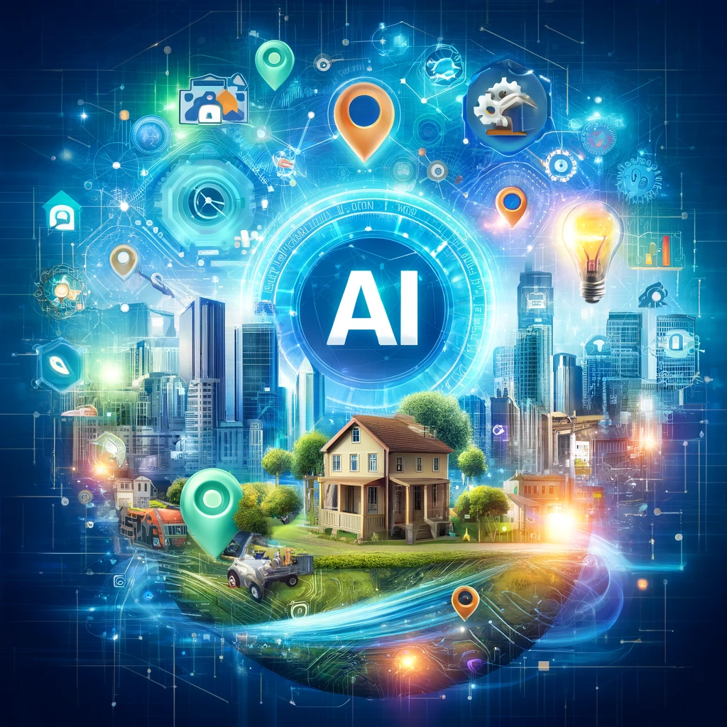 "Digital landscape featuring AI technology with location icons and home service symbols, blending a cityscape with data flows, in blue and green tones for a blog on AI in local marketing."