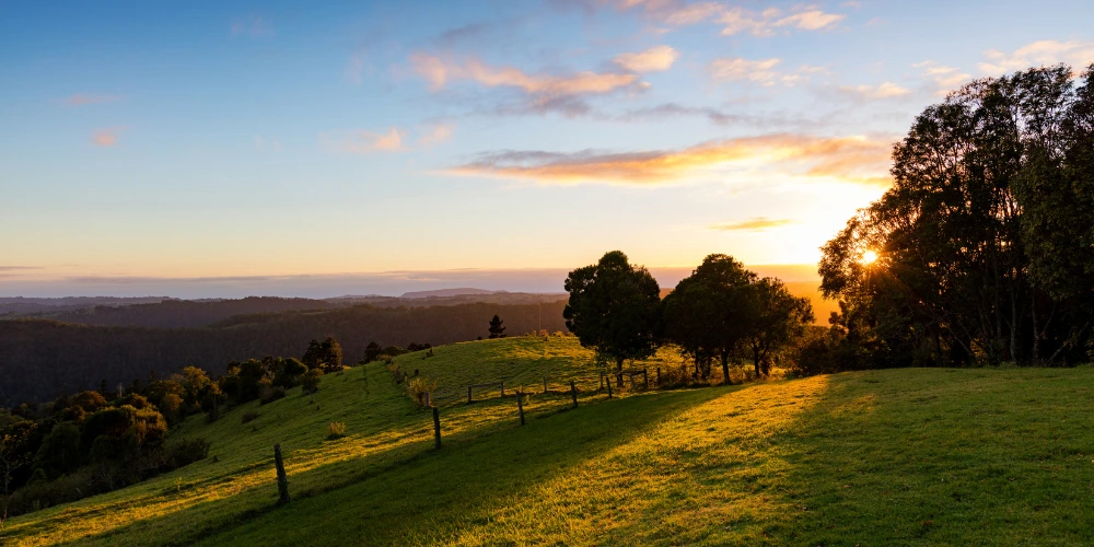 An image of either sunset or sunrise in the Gold Coast Hinterland region, showing how shading from trees or mountains can impact your choice of solar panel layout and what direction they should face. An image of either sunset or sunrise in the Gold Coast Hinterland region, showing how shading from trees or mountains can impact your choice of solar panel layout and what direction they should face.
