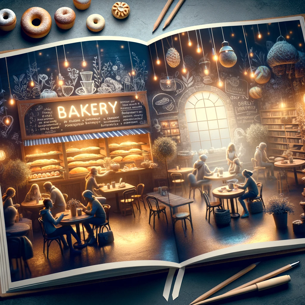 A cozy bakery filled with a warm glow, where college students gather for study and conversation, enjoying pastries and coffee in an atmosphere of creativity and comfort.